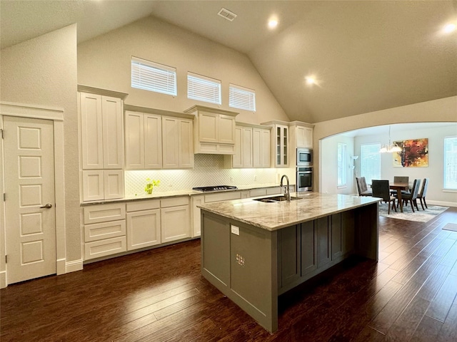 kitchen featuring dark wood-type flooring, stainless steel appliances, light stone countertops, and sink