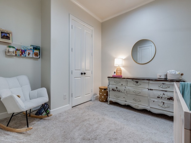 living area featuring crown molding and light carpet