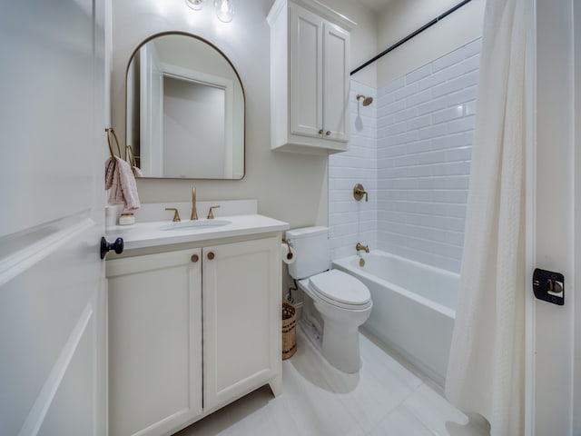 full bathroom featuring toilet, shower / bath combo, vanity, and tile patterned floors