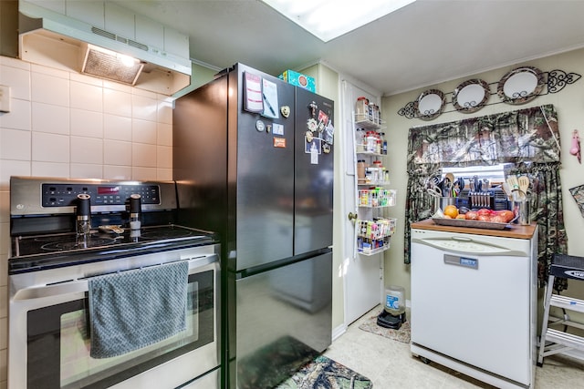 kitchen with ornamental molding, ventilation hood, appliances with stainless steel finishes, and tasteful backsplash