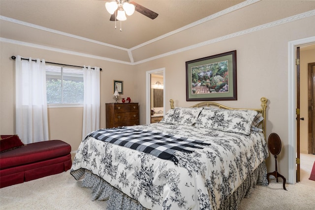 bedroom with ensuite bathroom, crown molding, ceiling fan, and light colored carpet