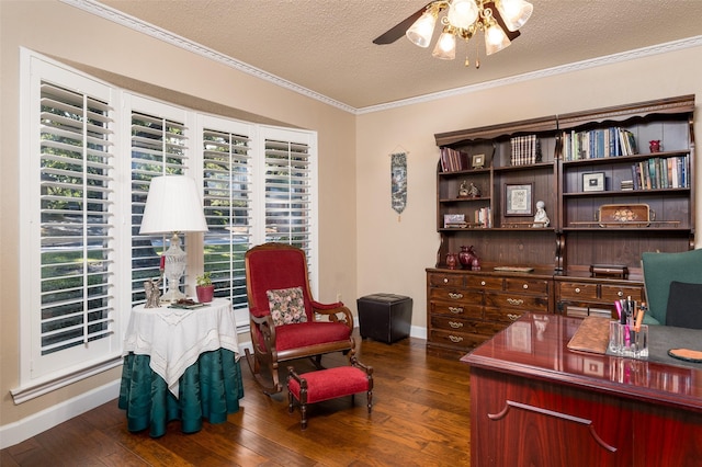 office space with ceiling fan, crown molding, dark hardwood / wood-style floors, and a textured ceiling