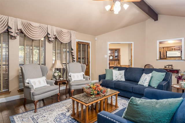 living room with vaulted ceiling with beams, ceiling fan, and hardwood / wood-style floors