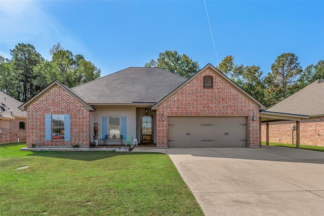 view of front of house with a garage, a front lawn, and a carport