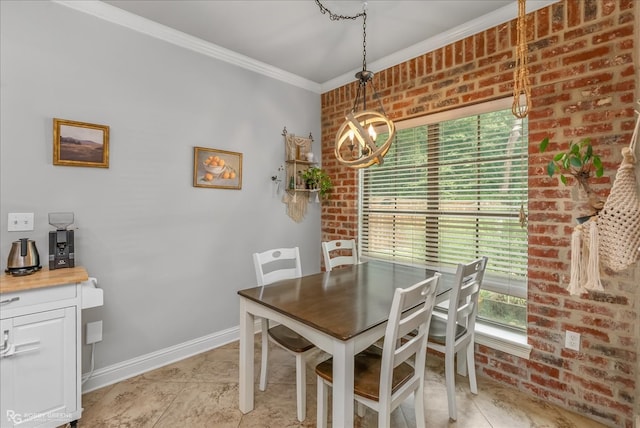 dining space featuring crown molding, brick wall, an inviting chandelier, and light tile patterned flooring