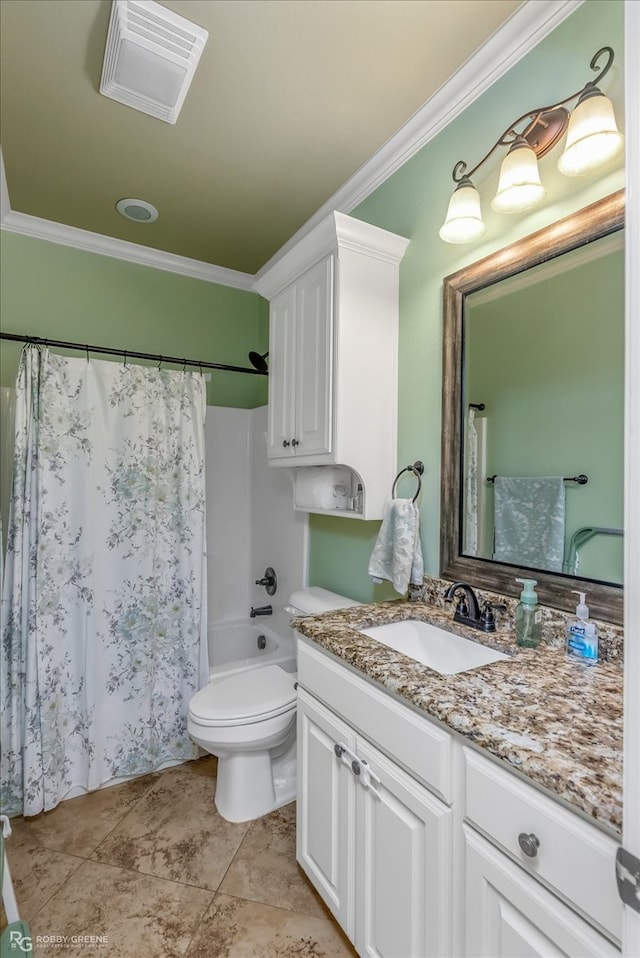 full bathroom featuring toilet, tile patterned flooring, ornamental molding, vanity, and shower / bathtub combination with curtain