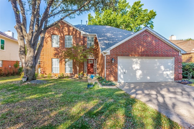 view of front of property featuring a front yard and a garage