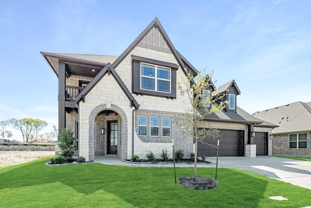 view of front of house with a front lawn, a garage, and a balcony