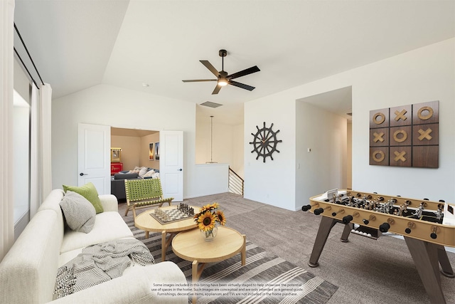 game room featuring ceiling fan, vaulted ceiling, and carpet floors