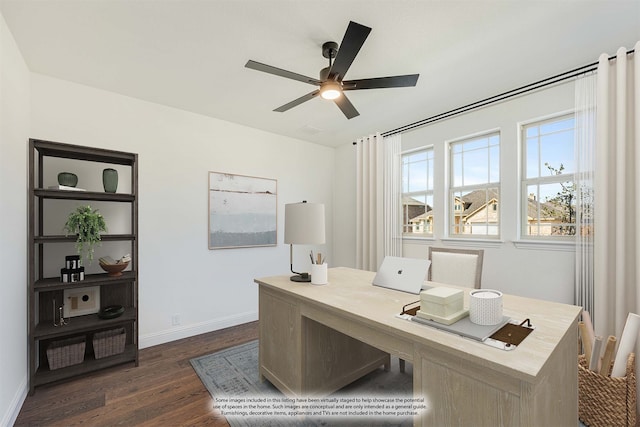 unfurnished room featuring ceiling fan and dark hardwood / wood-style flooring