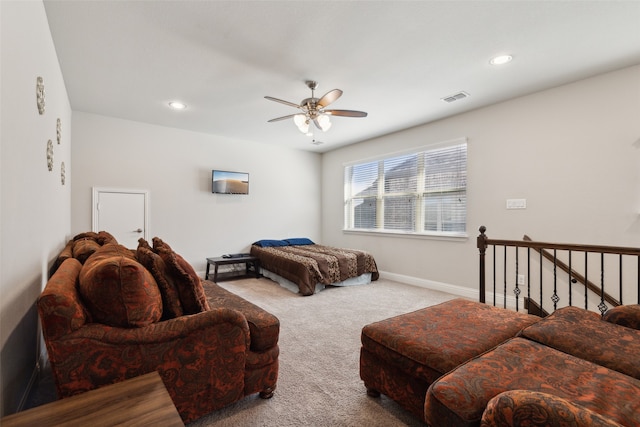 bedroom featuring carpet floors and ceiling fan