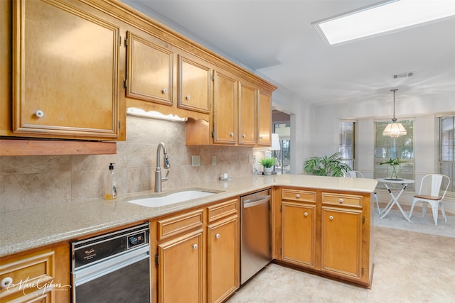 kitchen with kitchen peninsula, decorative backsplash, stainless steel dishwasher, pendant lighting, and sink