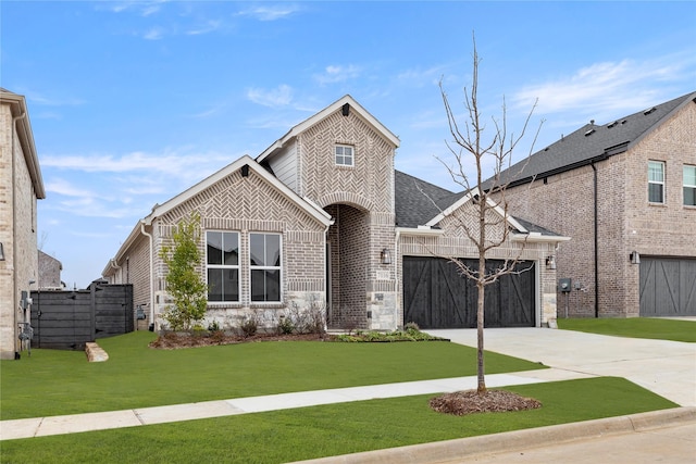 view of front of home featuring a garage and a front lawn