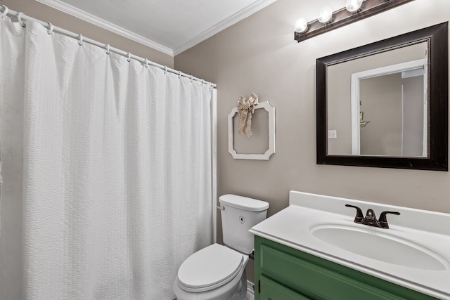 bathroom with toilet, crown molding, and vanity