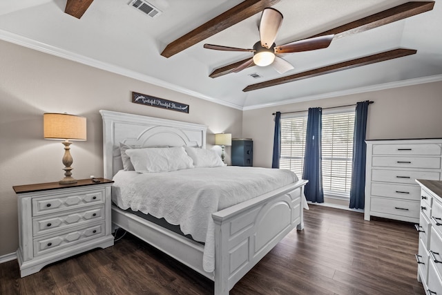 bedroom with crown molding, beam ceiling, ceiling fan, and dark hardwood / wood-style flooring