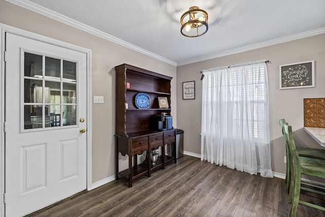 office space featuring ornamental molding and dark hardwood / wood-style floors