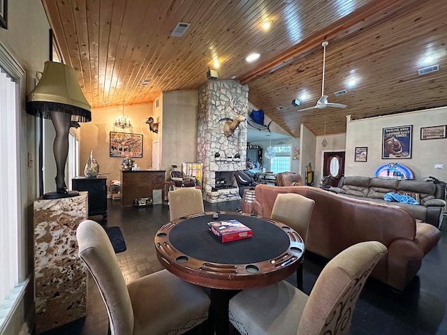 dining area with a fireplace, wood ceiling, ceiling fan, lofted ceiling, and dark wood-type flooring