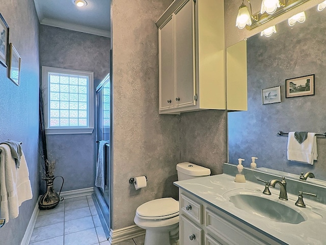 bathroom with a shower with door, toilet, tile patterned flooring, ornamental molding, and vanity