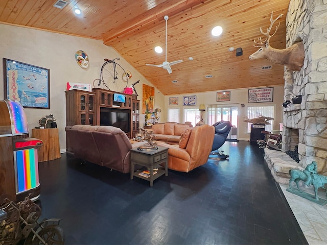 living room featuring a fireplace, wood ceiling, ceiling fan, beamed ceiling, and high vaulted ceiling