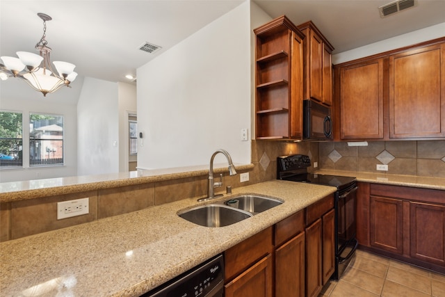 kitchen with backsplash, sink, black appliances, an inviting chandelier, and light stone counters