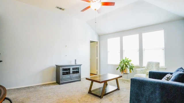 carpeted bedroom featuring vaulted ceiling and ceiling fan