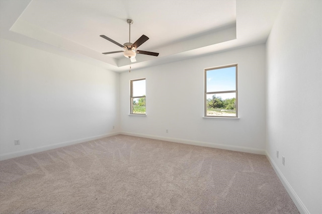 unfurnished room with light carpet, a tray ceiling, and plenty of natural light