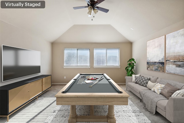 rec room with ceiling fan, vaulted ceiling, pool table, and carpet floors