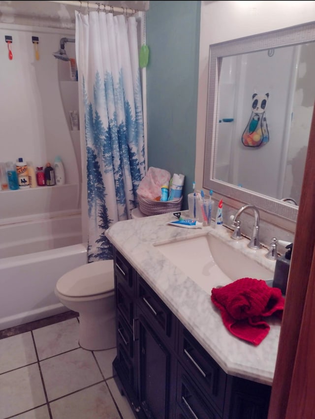 full bathroom with vanity, toilet, shower / bath combination with curtain, and tile patterned flooring