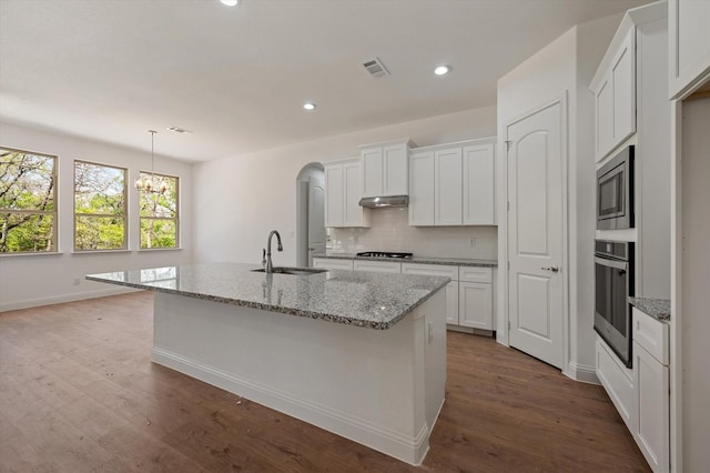 kitchen featuring wood-type flooring, appliances with stainless steel finishes, sink, and an island with sink