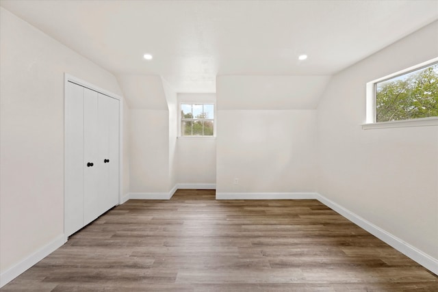 additional living space featuring vaulted ceiling and light hardwood / wood-style flooring