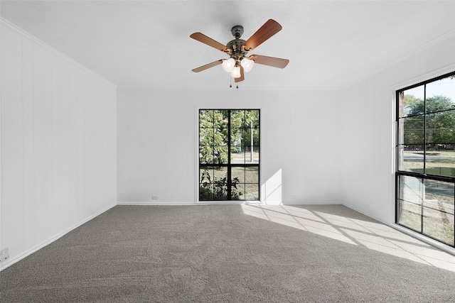 carpeted empty room with ceiling fan and crown molding