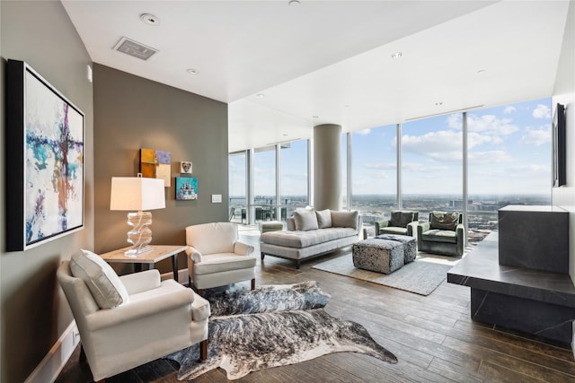 living room with a wall of windows and wood-type flooring