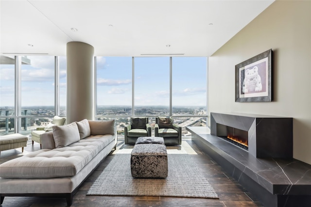 living room with dark hardwood / wood-style flooring and floor to ceiling windows