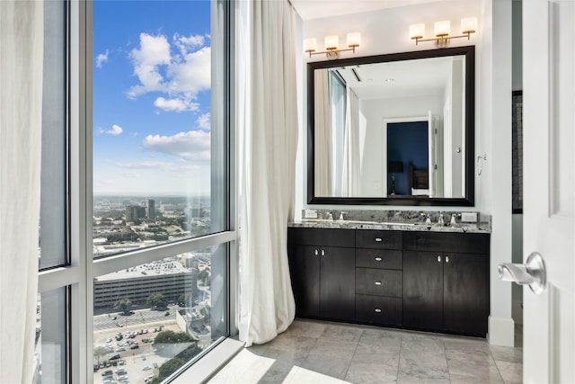 bathroom with expansive windows and vanity