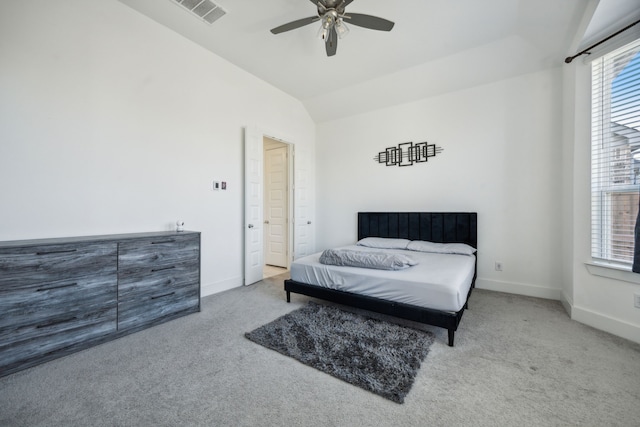 4707 Pin Oak Ct, Aubrey, TX 76227 - bedroom featuring a ceiling fan, visible vents, vaulted ceiling, baseboards, and carpet flooring