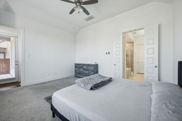 bedroom featuring ceiling fan, light colored carpet, and vaulted ceiling