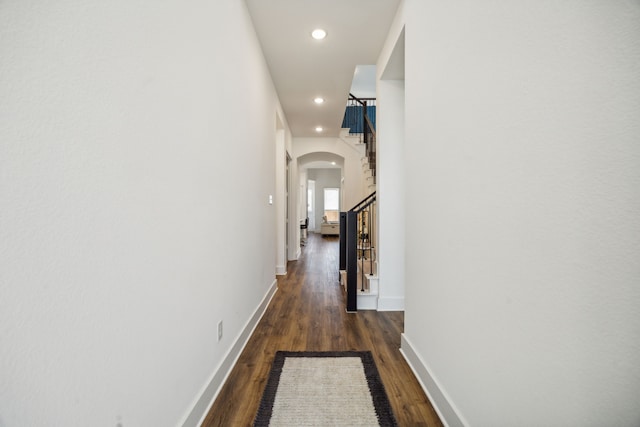 4707 Pin Oak Ct, Aubrey, TX 76227 - corridor with arched walkways, stairs, recessed lighting, baseboards, and wood finished floors