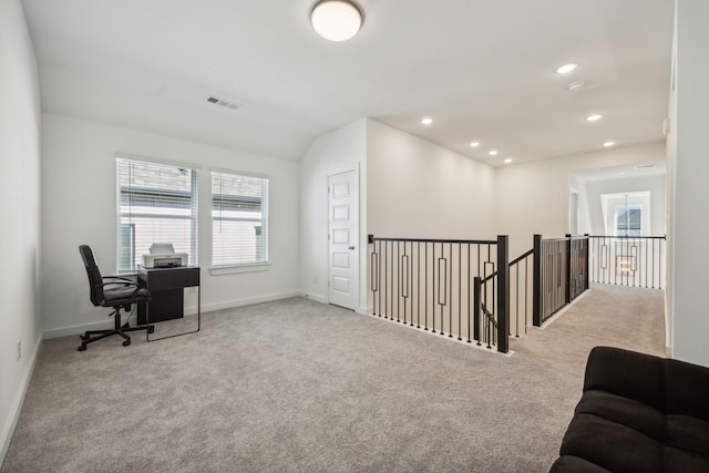 home office with light carpet