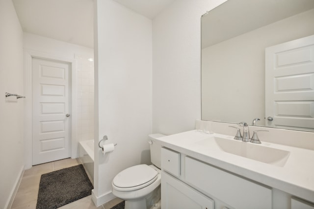 full bathroom featuring toilet, shower / bathing tub combination, vanity, and tile patterned floors