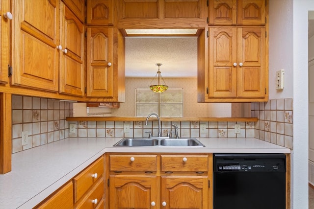 kitchen featuring sink, a textured ceiling, decorative backsplash, and dishwasher