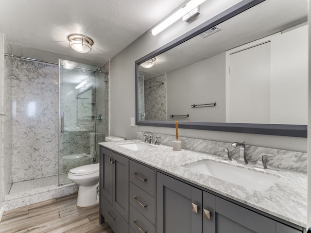 bathroom with vanity, toilet, a shower with door, and a textured ceiling