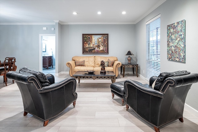 living room with crown molding