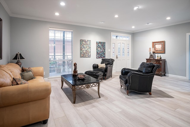 living room featuring crown molding and light wood-type flooring