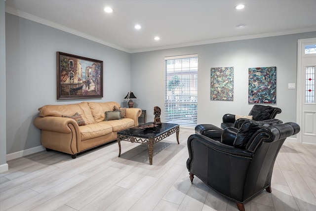 living room with light hardwood / wood-style floors and crown molding