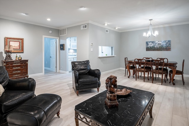 living room featuring crown molding and light wood-type flooring