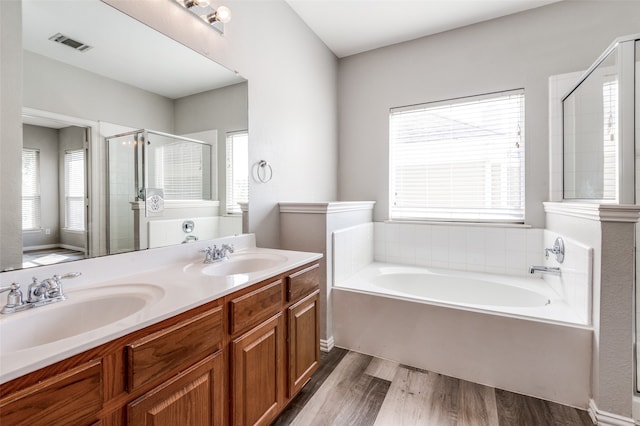 bathroom featuring vanity, independent shower and bath, and wood-type flooring