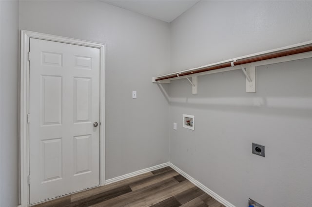 clothes washing area with hookup for an electric dryer, dark wood-type flooring, and hookup for a washing machine