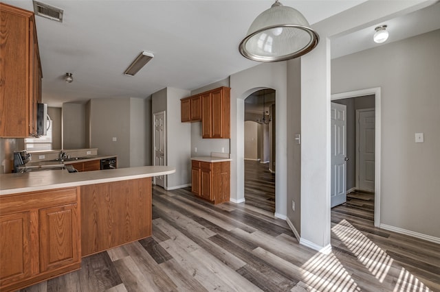 kitchen with sink, kitchen peninsula, dark hardwood / wood-style floors, and stainless steel stove