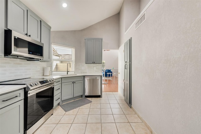 kitchen with sink, vaulted ceiling, decorative backsplash, gray cabinets, and stainless steel appliances