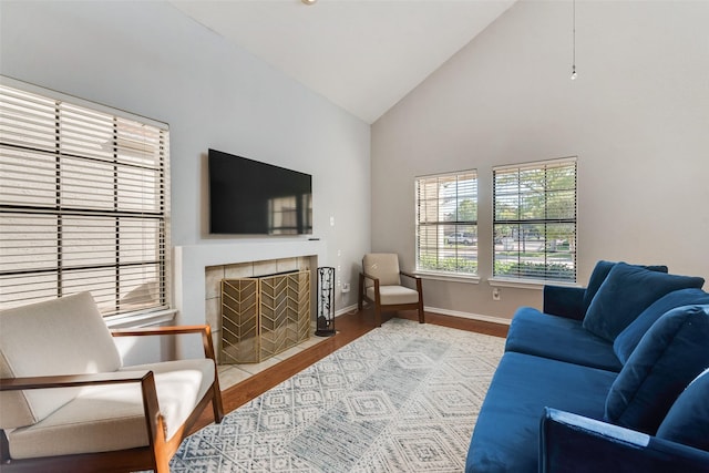 living room with high vaulted ceiling and wood-type flooring